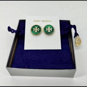 NWOT Tory Burch Gold Logo, Green Malachite Round Stud Earrings
